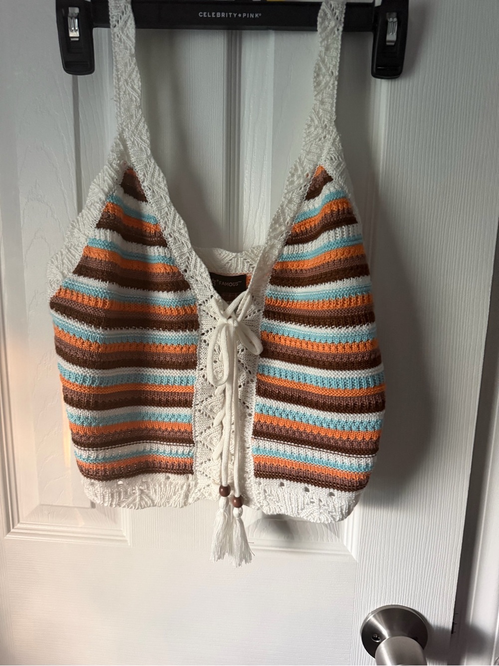Crochet Striped Lace-Up Halter Bag in Cream, Brown & Blue